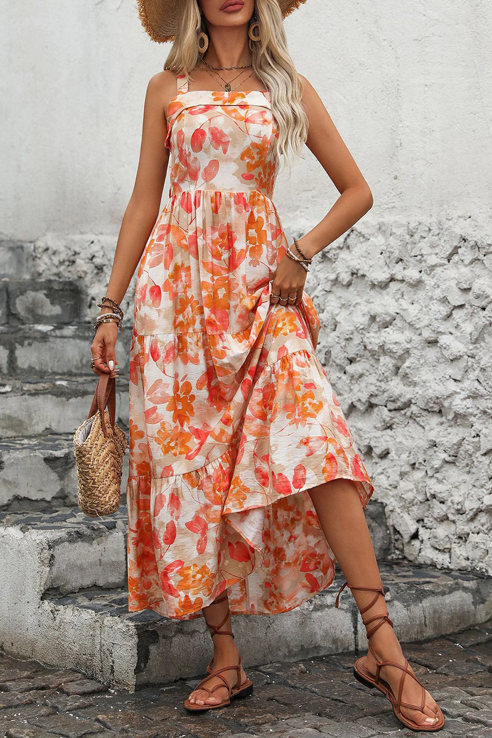 Orange Printed Square Neck Midi Summer Dress - Image 4