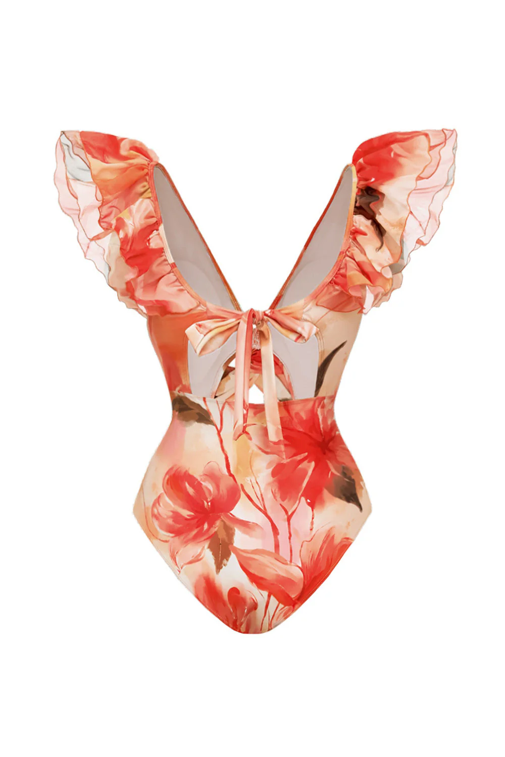 Orange Ruffled 2 Piece V-Neck Swimsuit with Beach Dress - Image 3