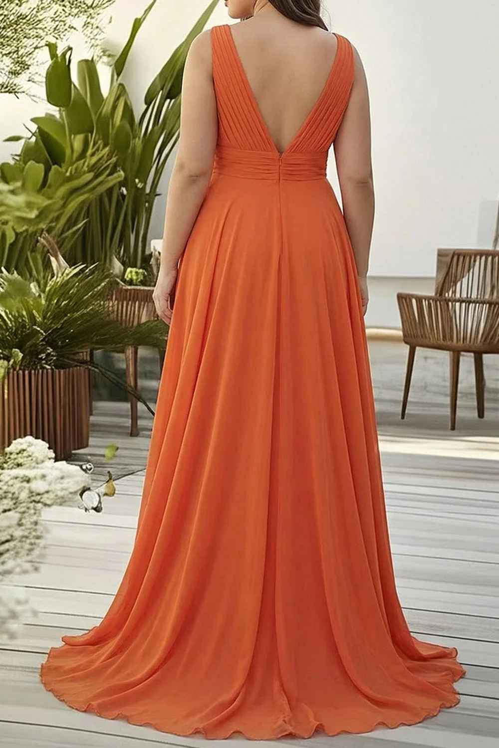 Plus Size Orange Ruffled V Neck A Line Chiffon Long Wedding Guest Dress - Image 2