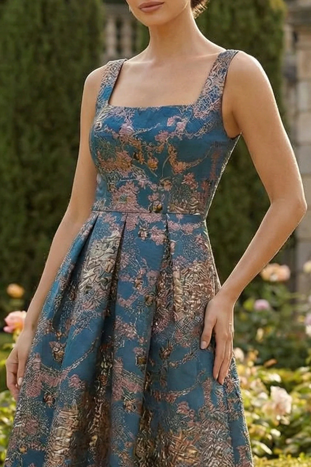 Peacock Blue A Line Sqaure Neck Long Floral Dress - Image 3