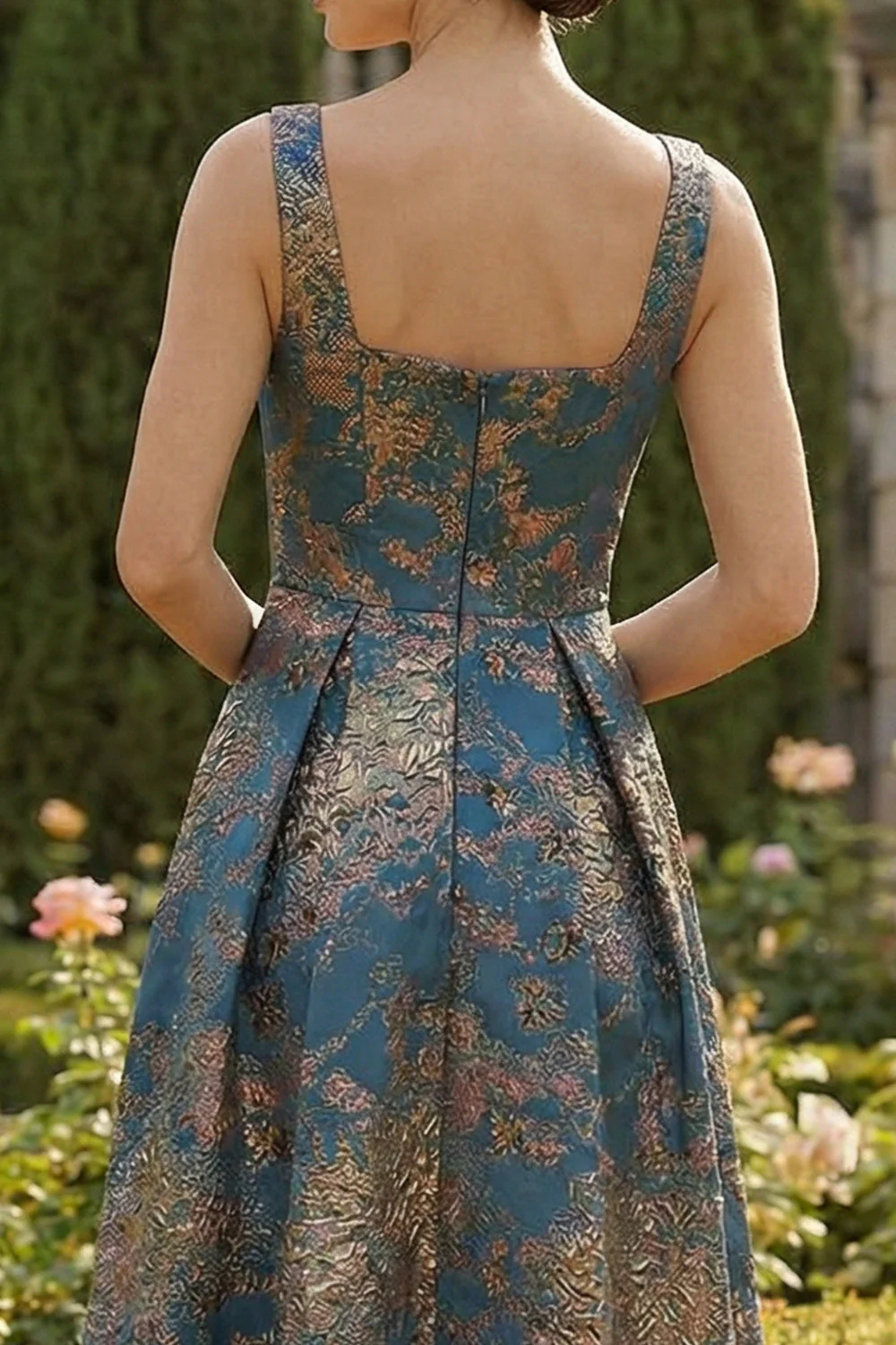 Peacock Blue A Line Sqaure Neck Long Floral Dress - Image 4