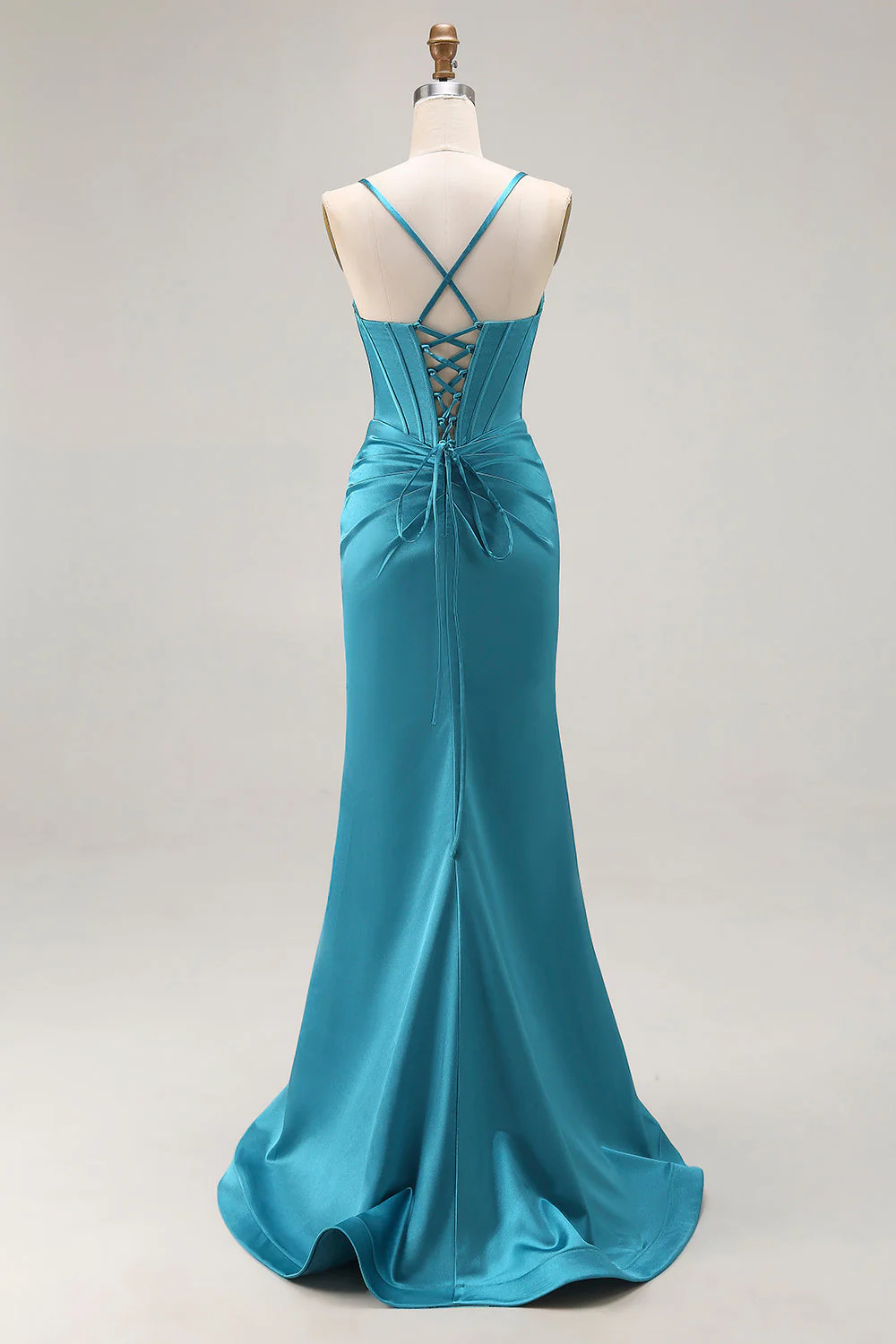 Peacock Blue Corset Mermaid Cut-Out Satin Long Prom Dress with Slit - Image 2