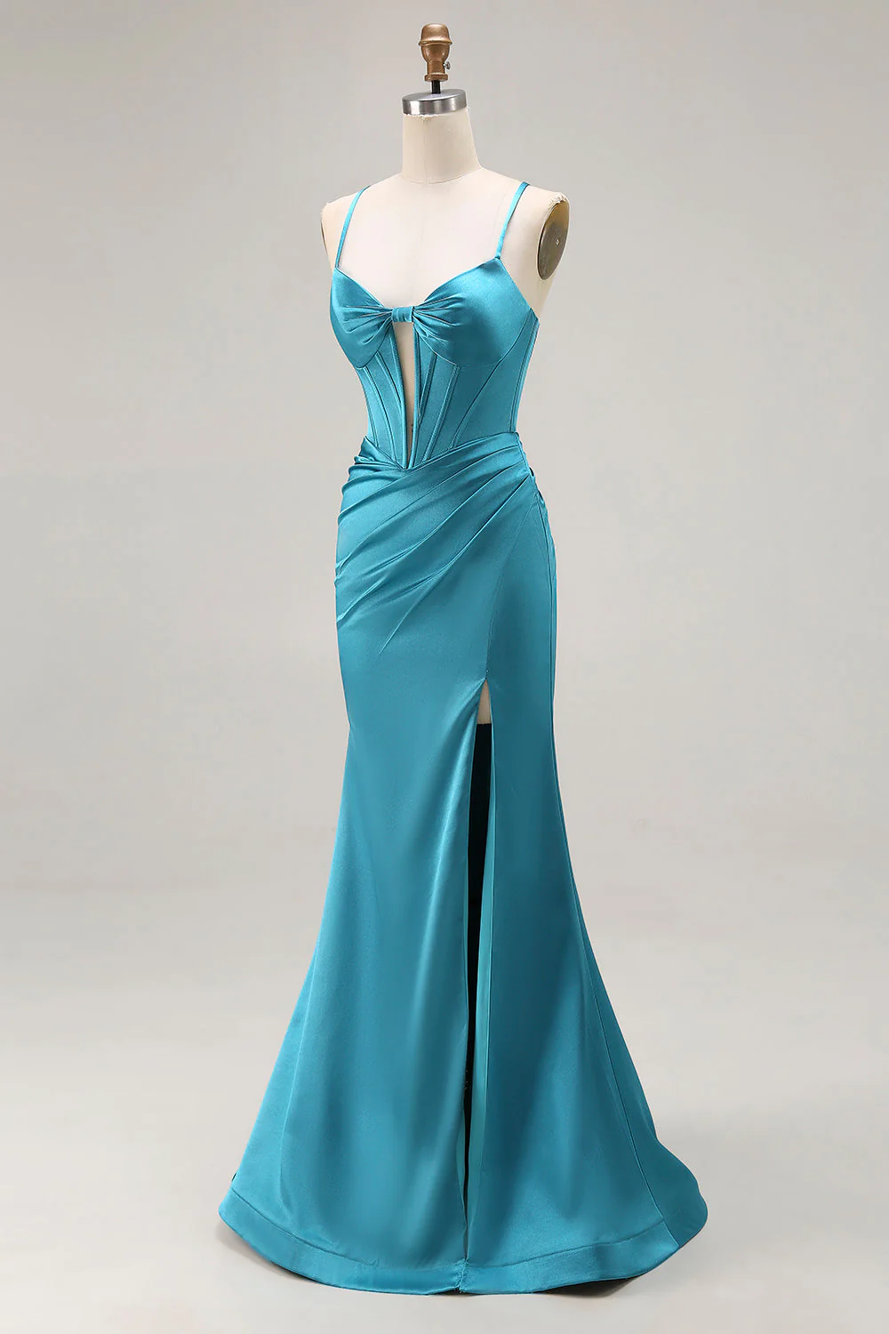 Peacock Blue Corset Mermaid Cut-Out Satin Long Prom Dress with Slit - Image 3