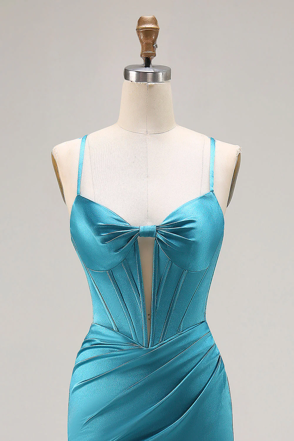 Peacock Blue Corset Mermaid Cut-Out Satin Long Prom Dress with Slit - Image 4