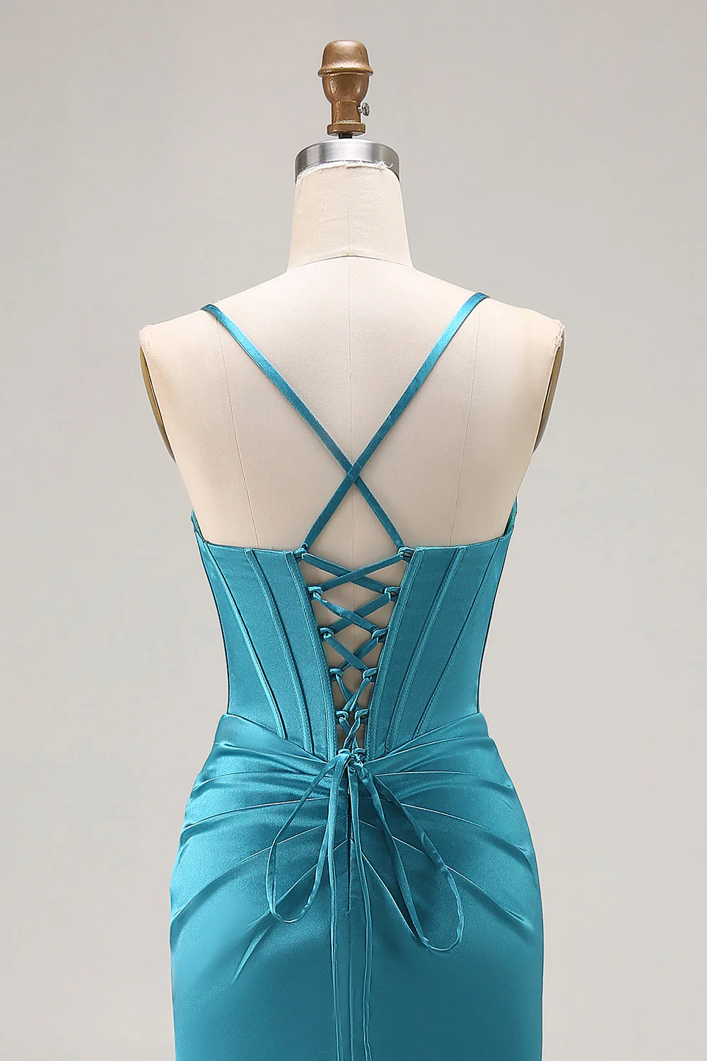 Peacock Blue Corset Mermaid Cut-Out Satin Long Prom Dress with Slit - Image 5