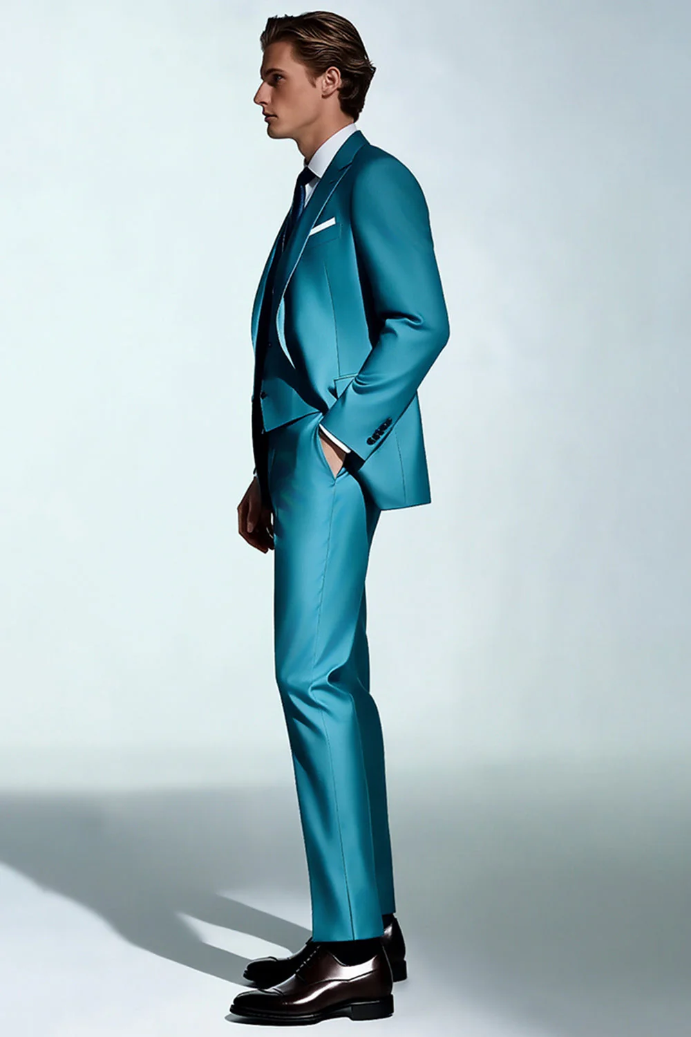 Peacock Blue Peak Lapel 3 Piece Men's Suits - Image 3