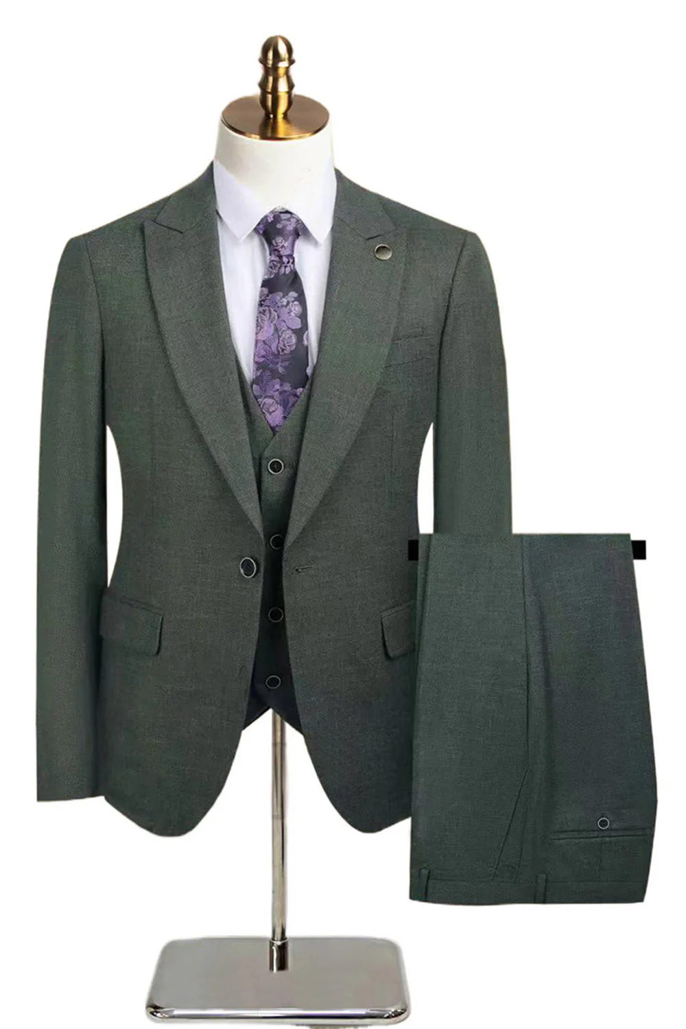 Peacock Blue Peak Lapel One Button 3 Piece Men's Suits - Image 10