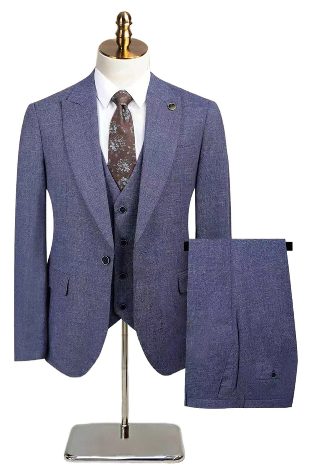 Peacock Blue Peak Lapel One Button 3 Piece Men's Suits - Image 12