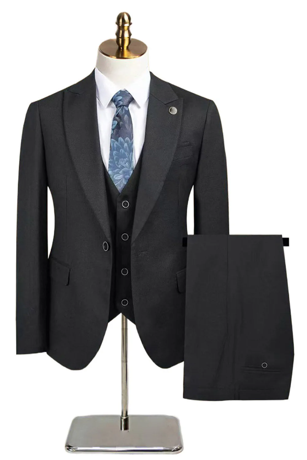 Peacock Blue Peak Lapel One Button 3 Piece Men's Suits - Image 9