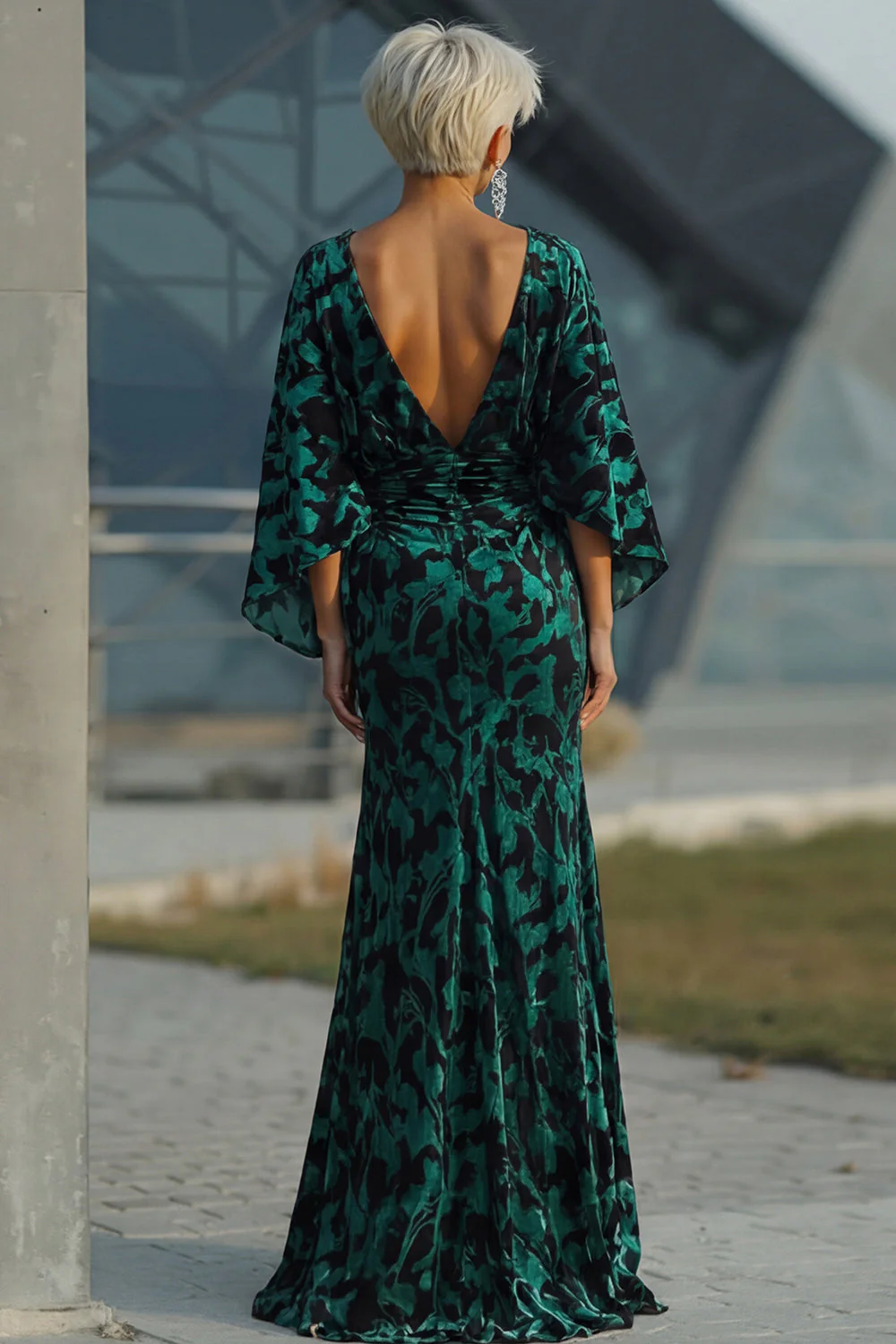 Peacock Blue Sheath Floral Mother of the Bride Dress with Flared Sleeves - Image 2