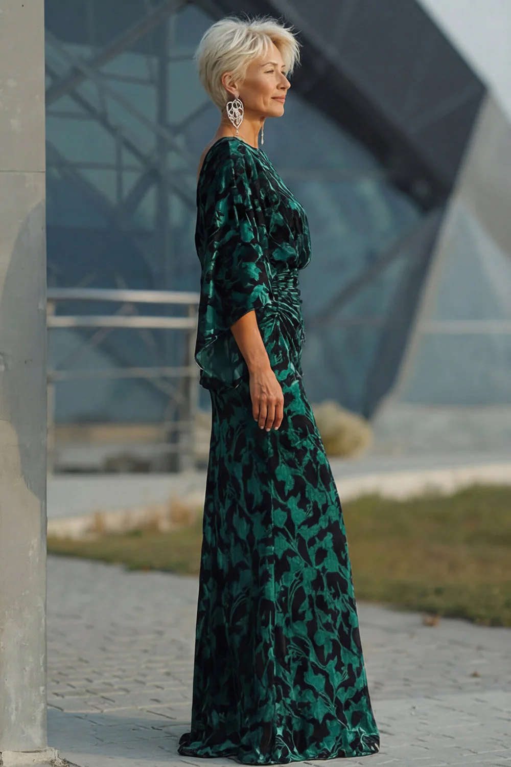 Peacock Blue Sheath Floral Mother of the Bride Dress with Flared Sleeves - Image 3