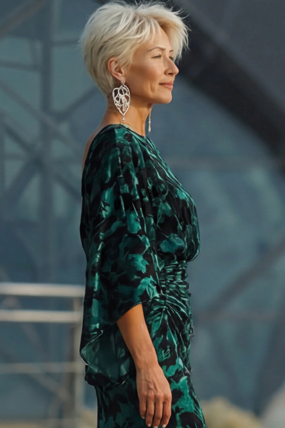 Peacock Blue Sheath Floral Mother of the Bride Dress with Flared Sleeves - Image 6