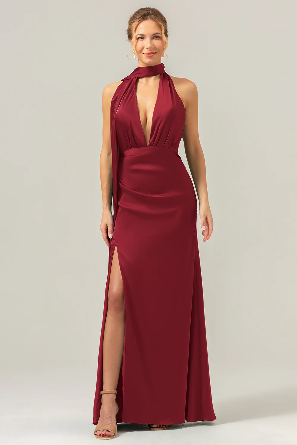 Peacock Sheath V-Neck Backless Long Bridesmaid Dress with Slit - Image 11