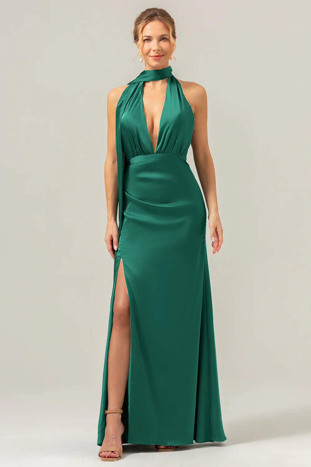 Peacock Sheath V-Neck Backless Long Bridesmaid Dress with Slit - Image 17