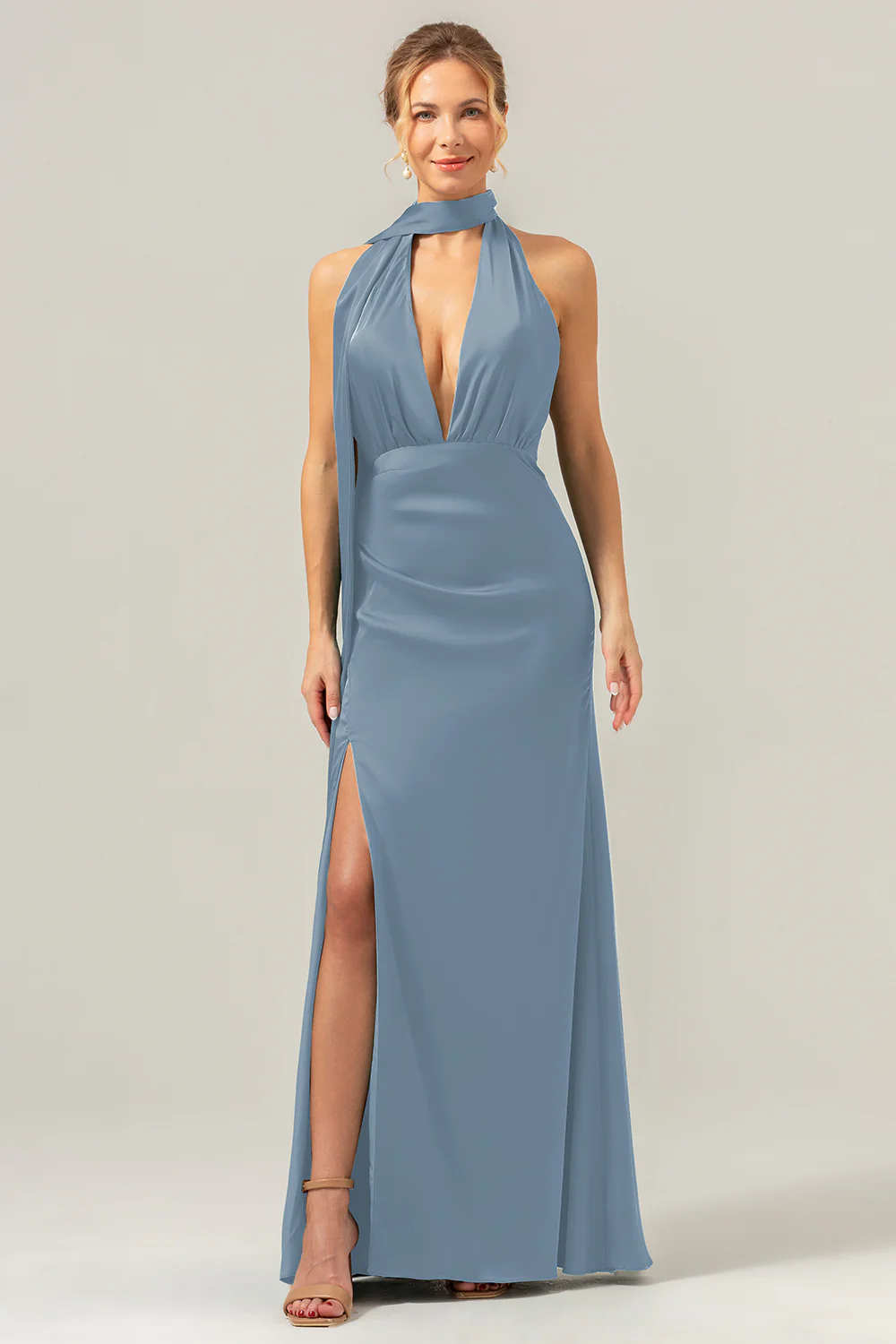 Peacock Sheath V-Neck Backless Long Bridesmaid Dress with Slit - Image 19