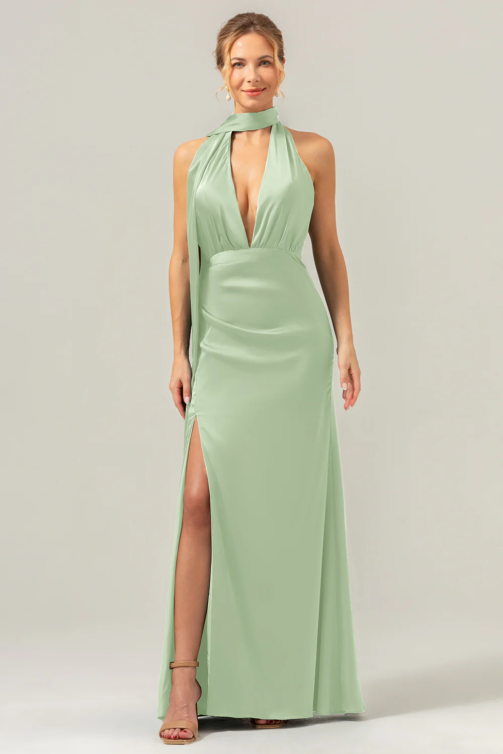 Peacock Sheath V-Neck Backless Long Bridesmaid Dress with Slit - Image 21