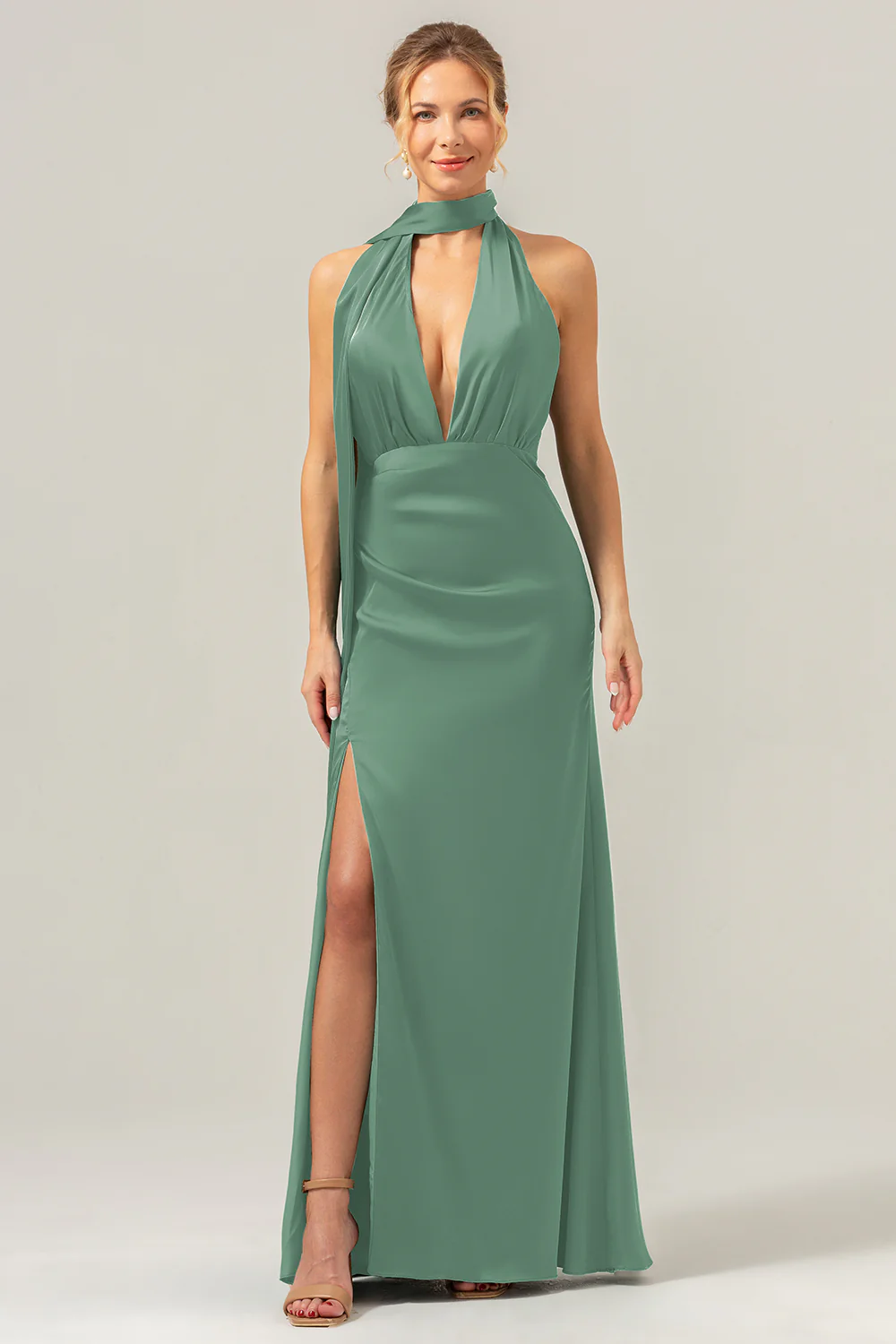 Peacock Sheath V-Neck Backless Long Bridesmaid Dress with Slit - Image 23