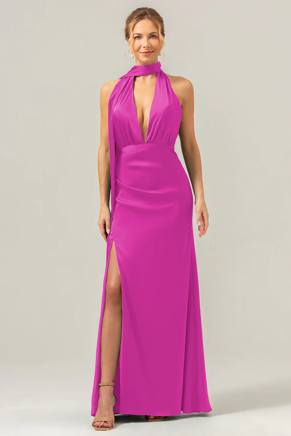 Peacock Sheath V-Neck Backless Long Bridesmaid Dress with Slit - Image 25