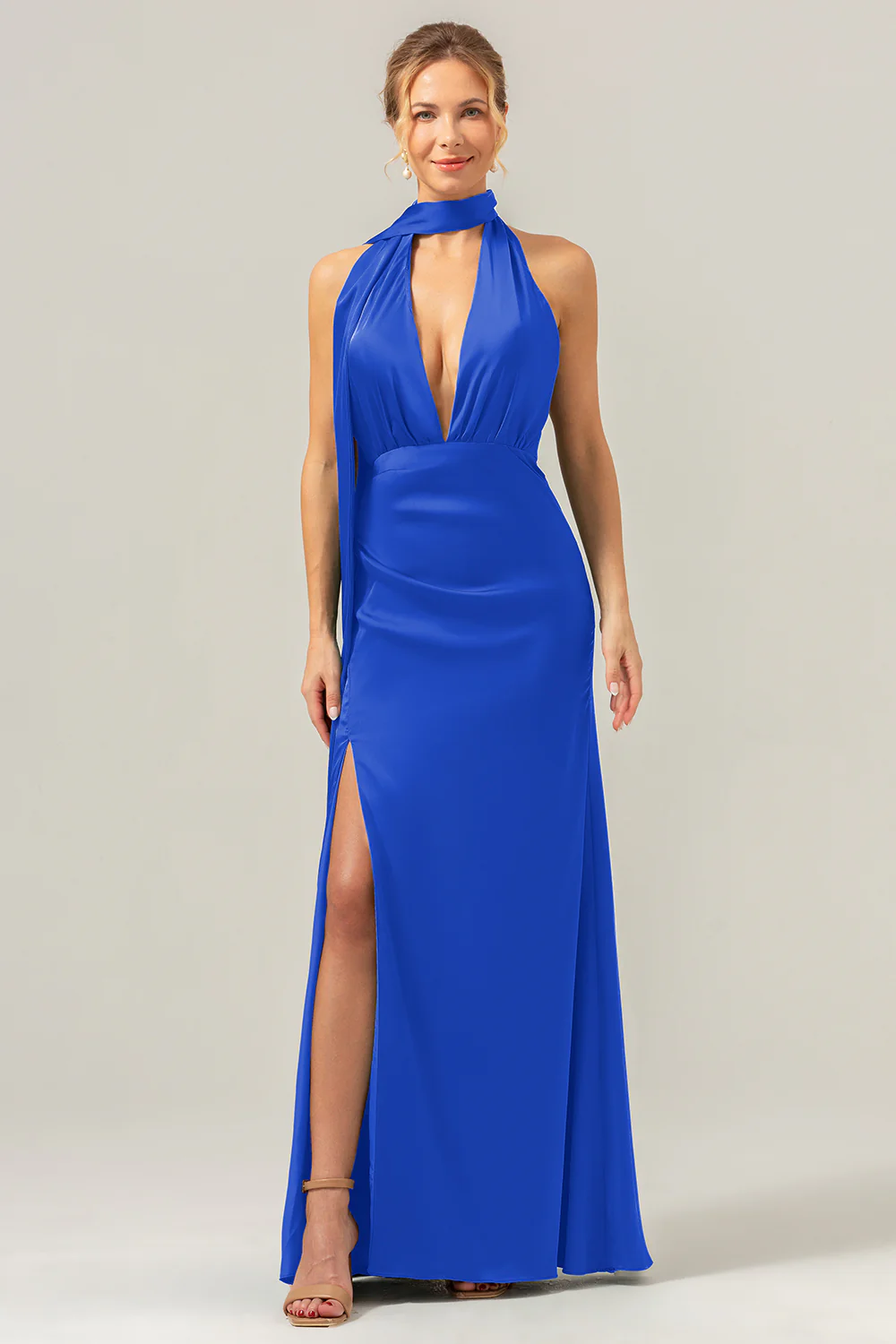 Peacock Sheath V-Neck Backless Long Bridesmaid Dress with Slit - Image 27