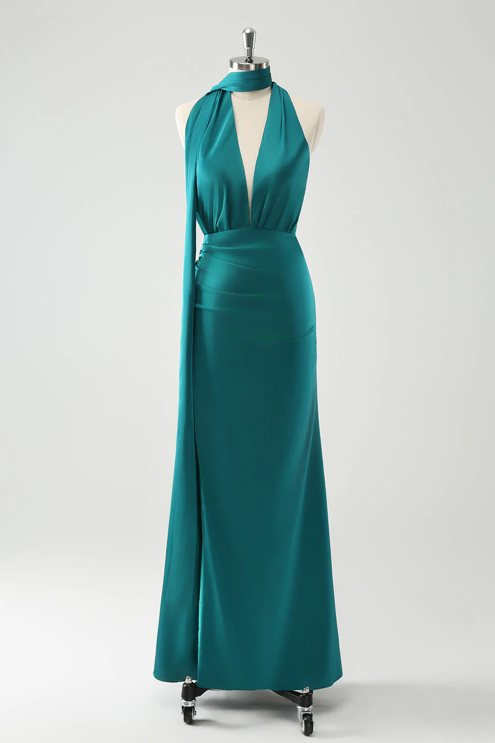Peacock Sheath V-Neck Backless Long Bridesmaid Dress with Slit - Image 3