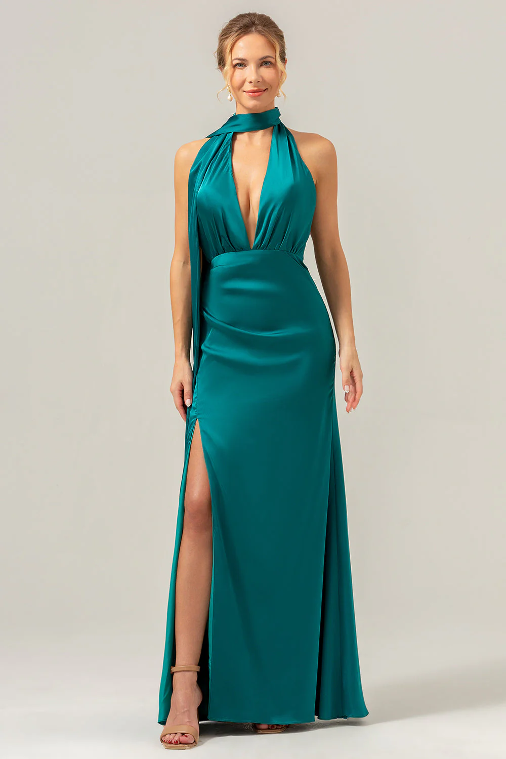 Peacock Sheath V-Neck Backless Long Bridesmaid Dress with Slit - Image 5