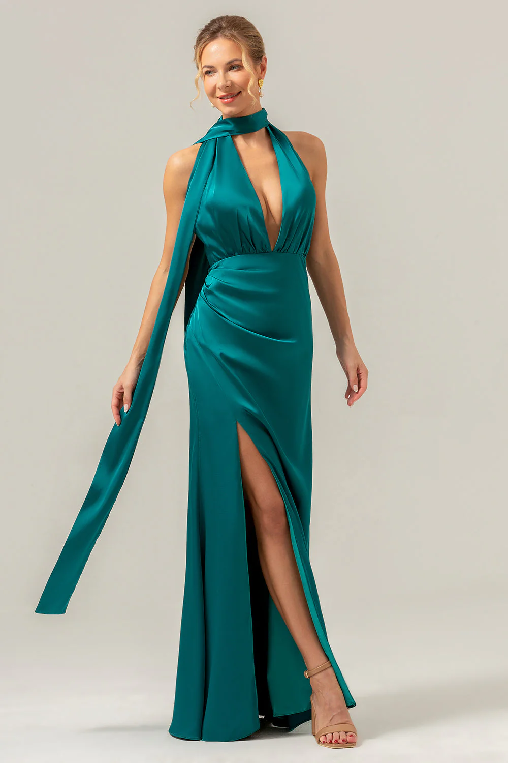 Peacock Sheath V-Neck Backless Long Bridesmaid Dress with Slit - Image 6