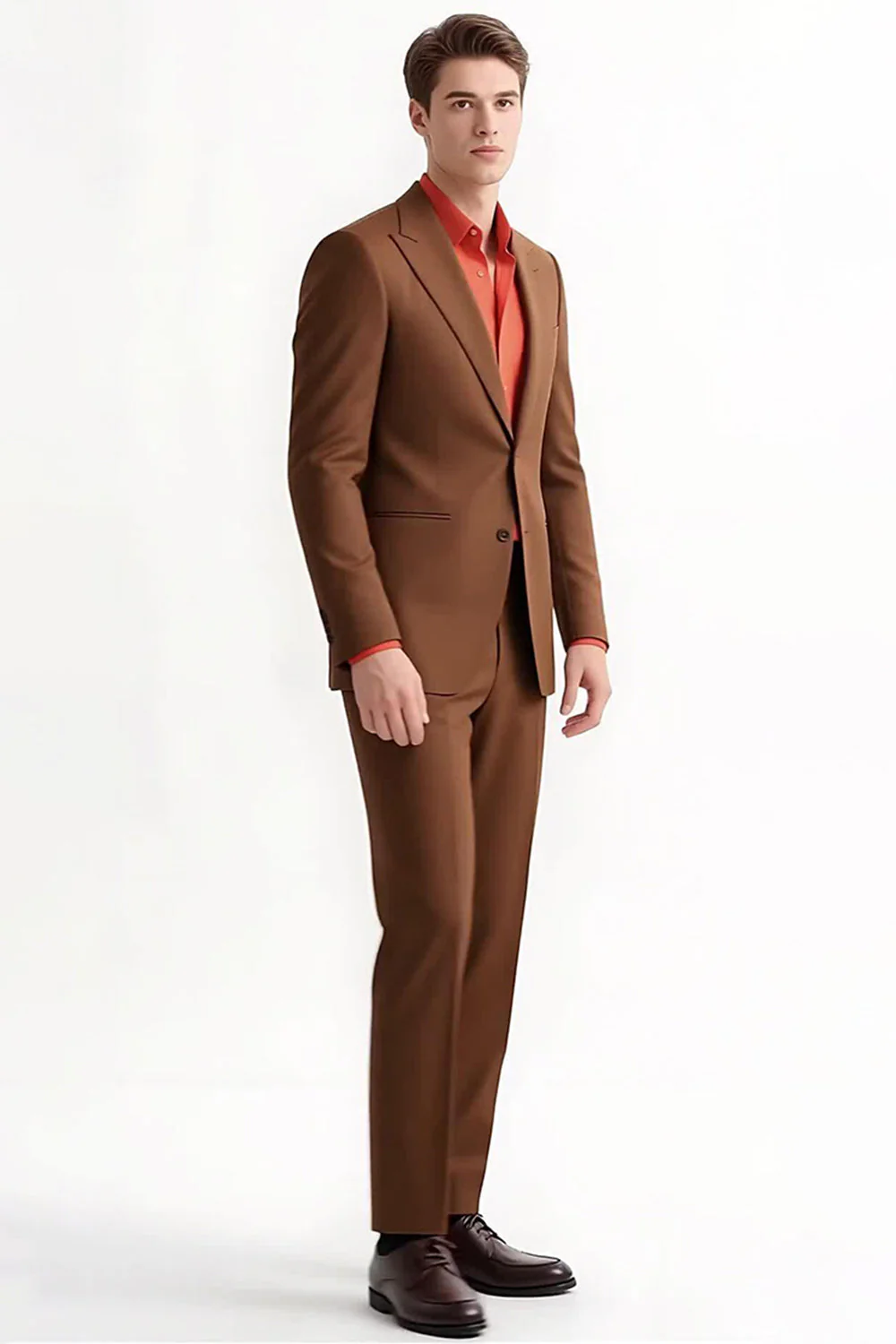 Peak Lapel 2 Piece Single Breasted Slim Fit Men's Brown Suits - Image 3