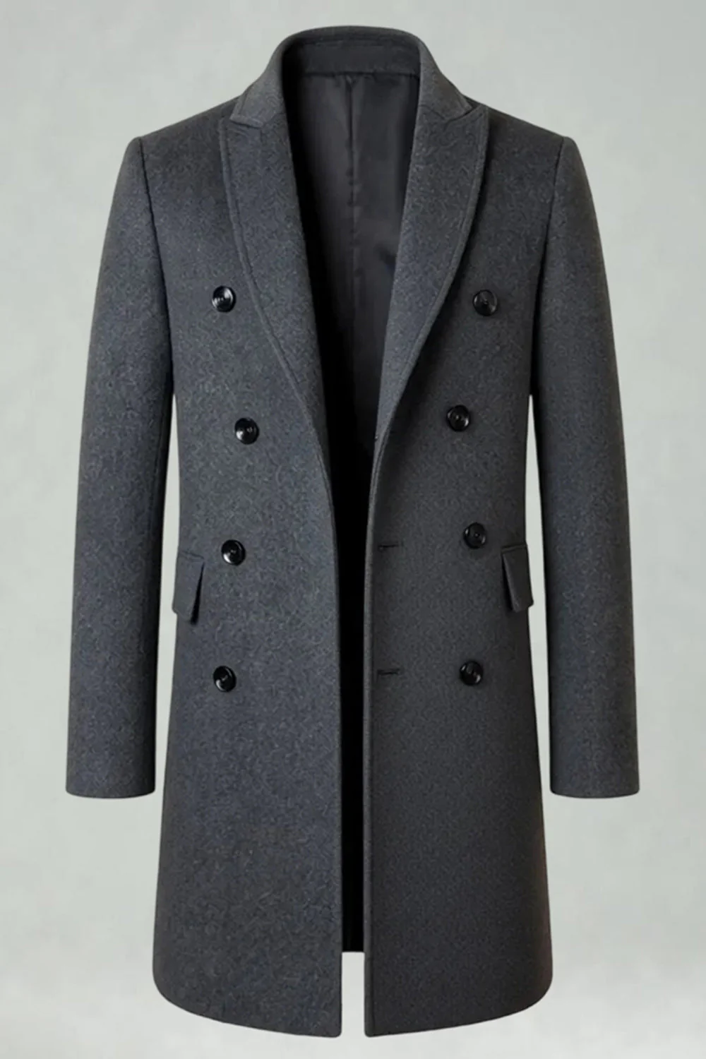 Peak Lapel Double Breasted Long Men's Grey Winter Coat - Image 2