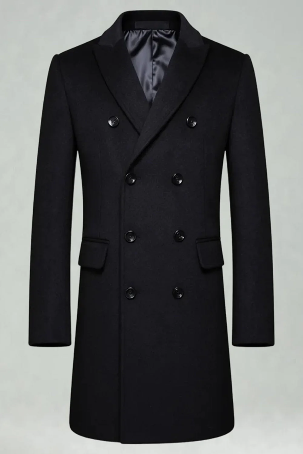 Peak Lapel Double Breasted Long Men's Grey Winter Coat - Image 7