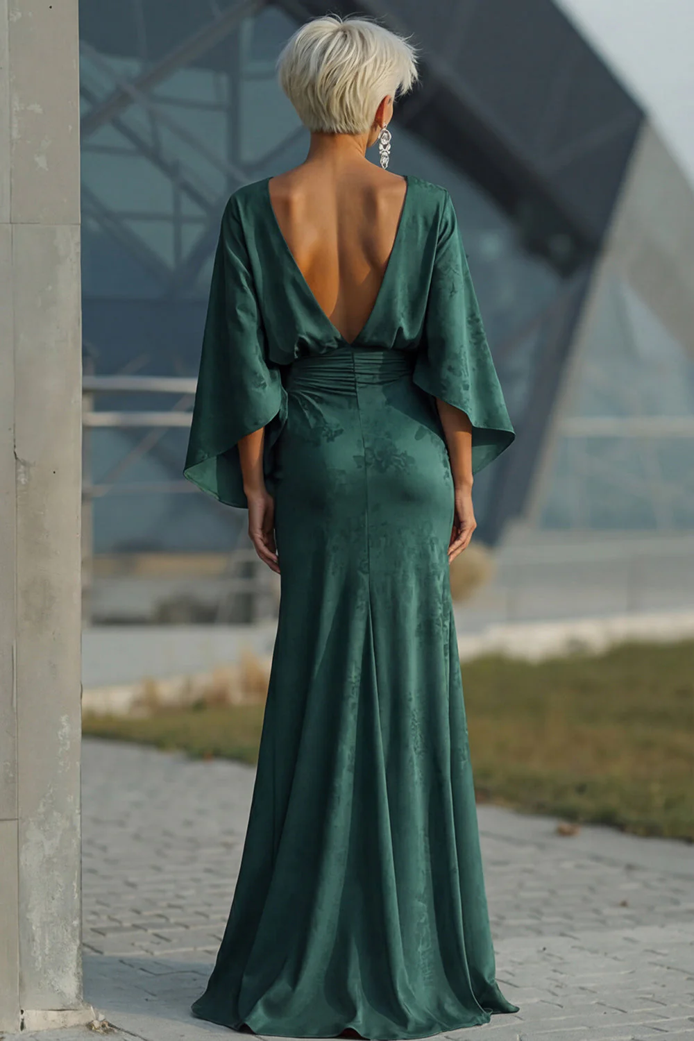 Sheath Pine Jacquard Boat Neck Mother of the Bride Dress with Half Sleeve - Image 2