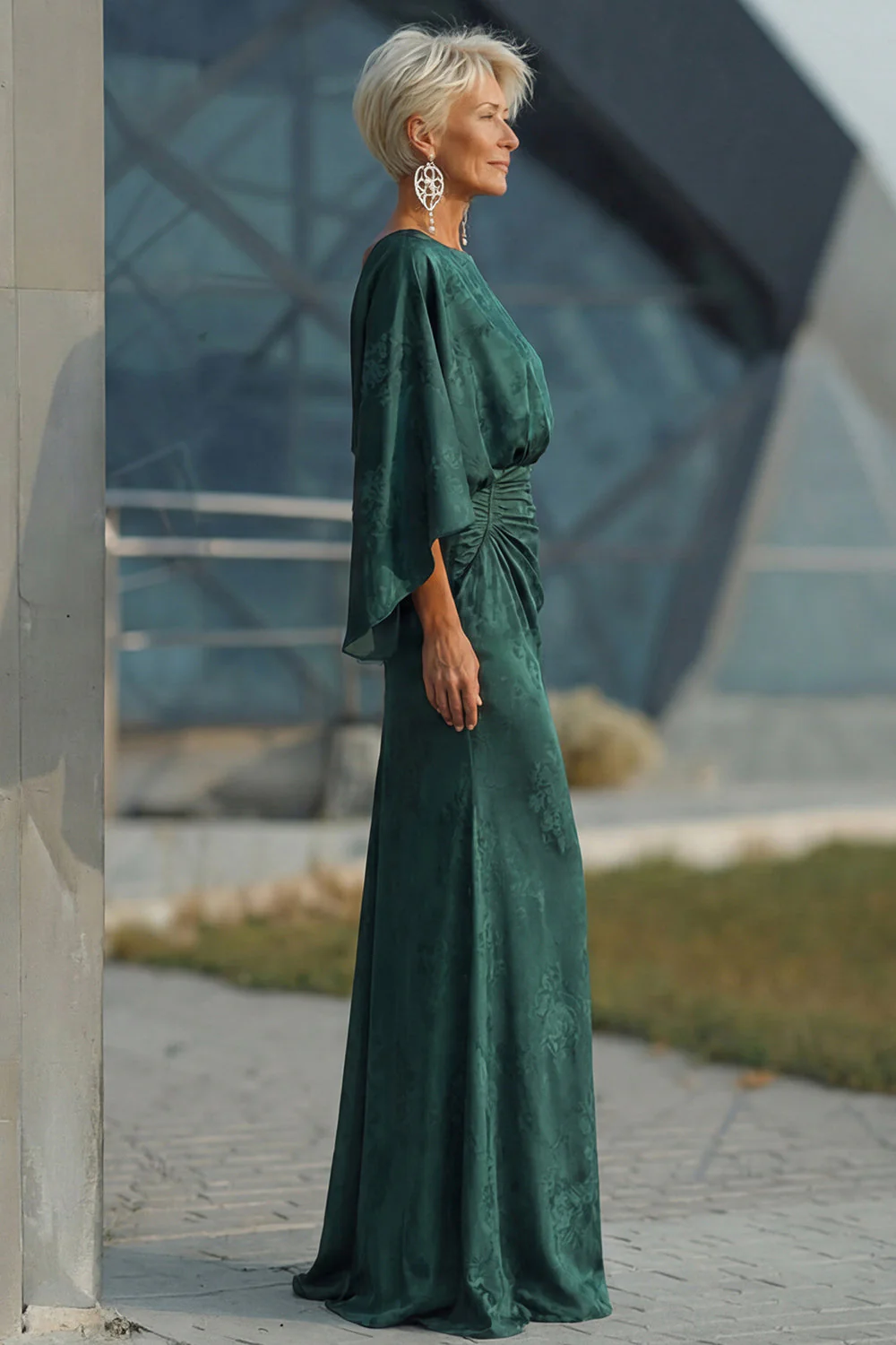 Sheath Pine Jacquard Boat Neck Mother of the Bride Dress with Half Sleeve - Image 3