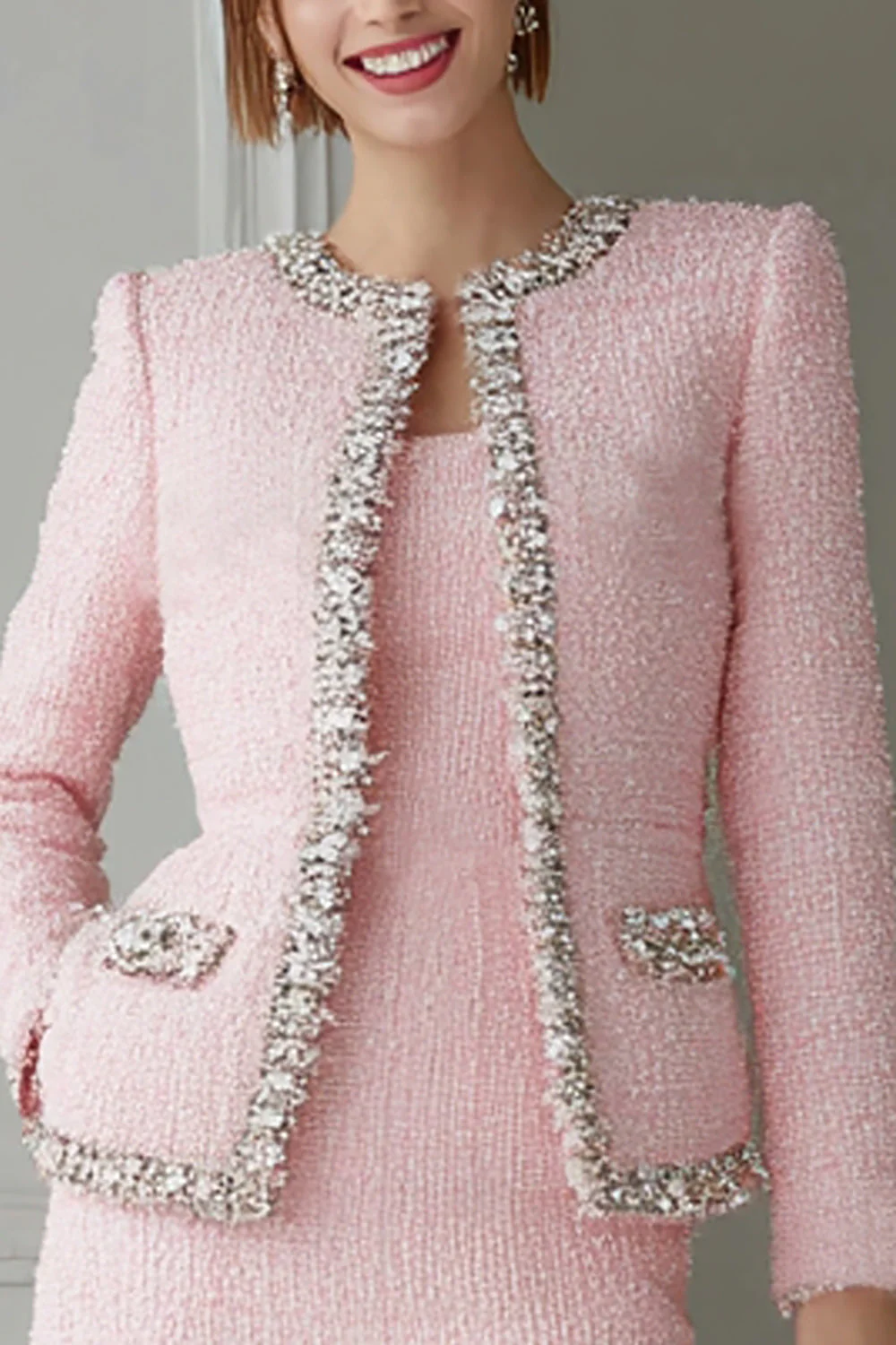 Pink 2 Piece Bodycon Tweed Short Work Dress - Image 2