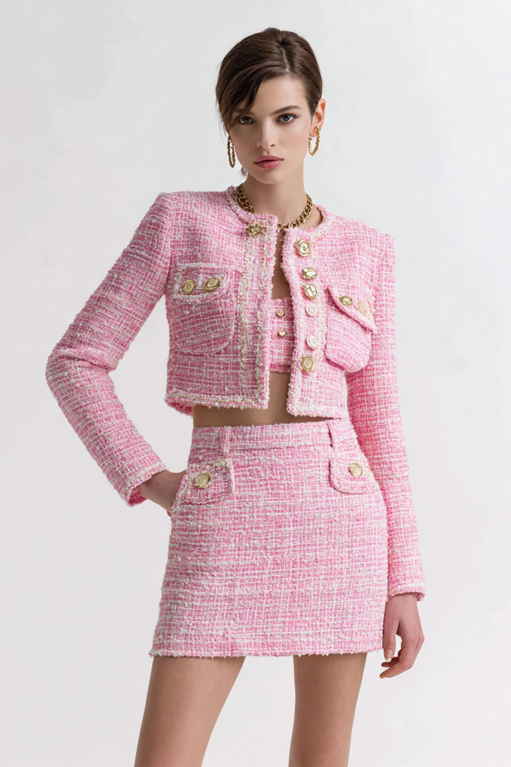 Pink 2-Piece Tweed Short Work Outfits - Image 3