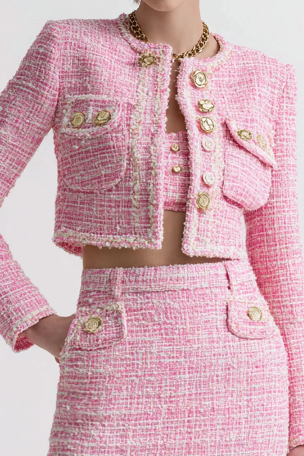 Pink 2-Piece Tweed Short Work Outfits - Image 4