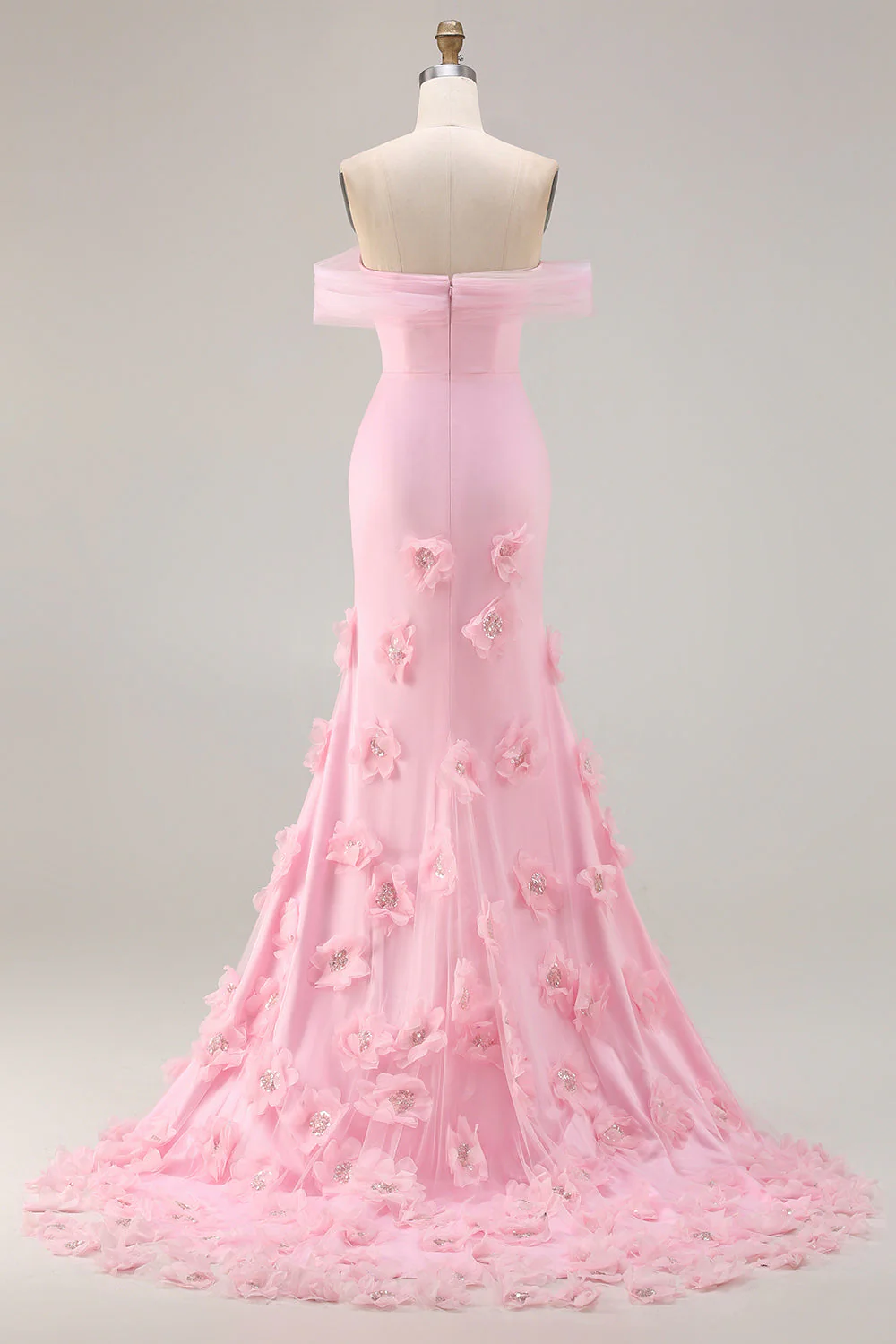 Pink 3D Flowers Off the Shoulder Mermaid Long Prom Dress - Image 2