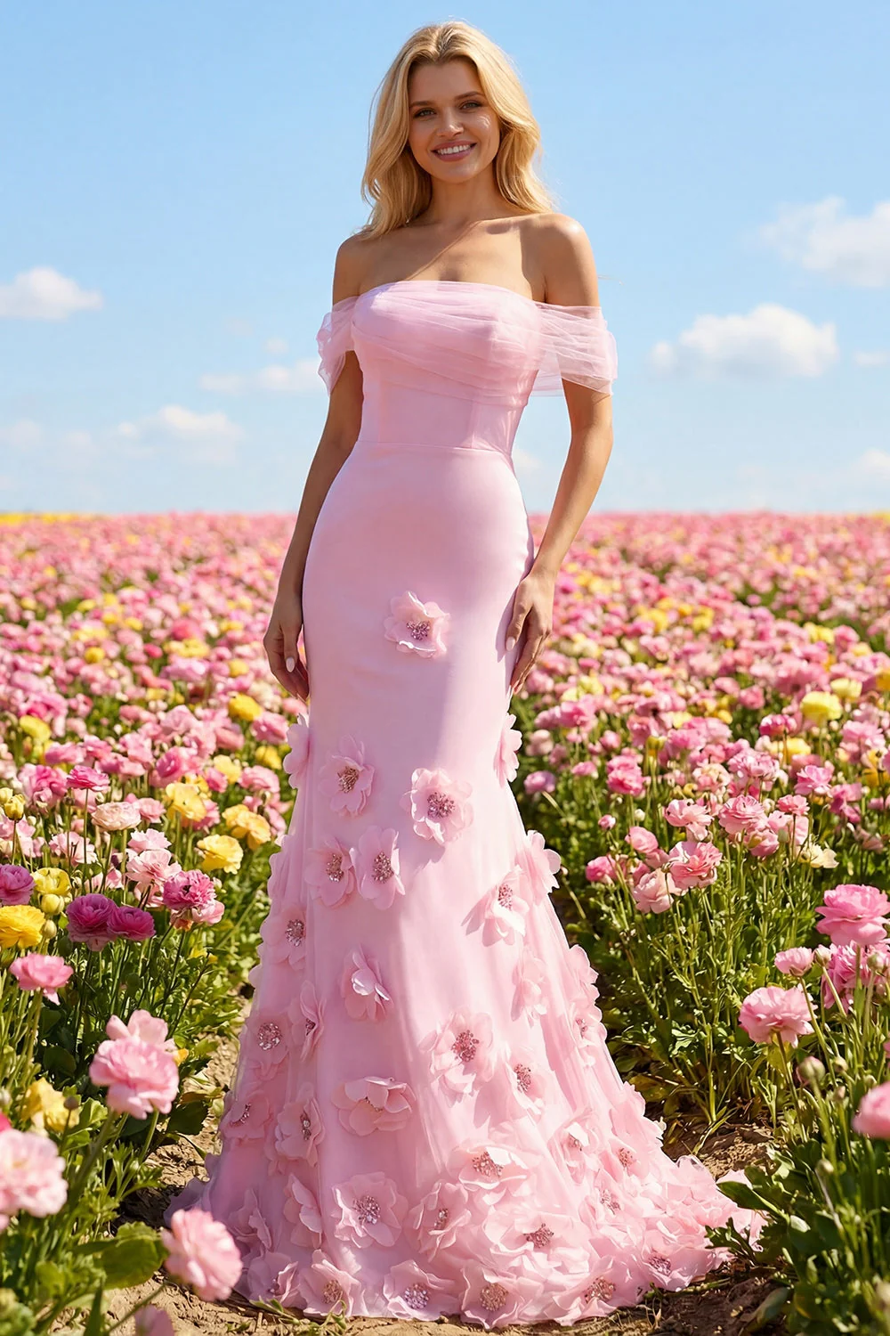 Pink 3D Flowers Off the Shoulder Mermaid Long Prom Dress - Image 3