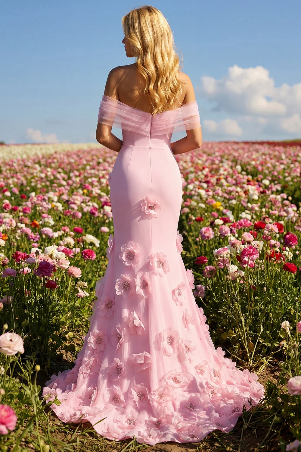 Pink 3D Flowers Off the Shoulder Mermaid Long Prom Dress - Image 4
