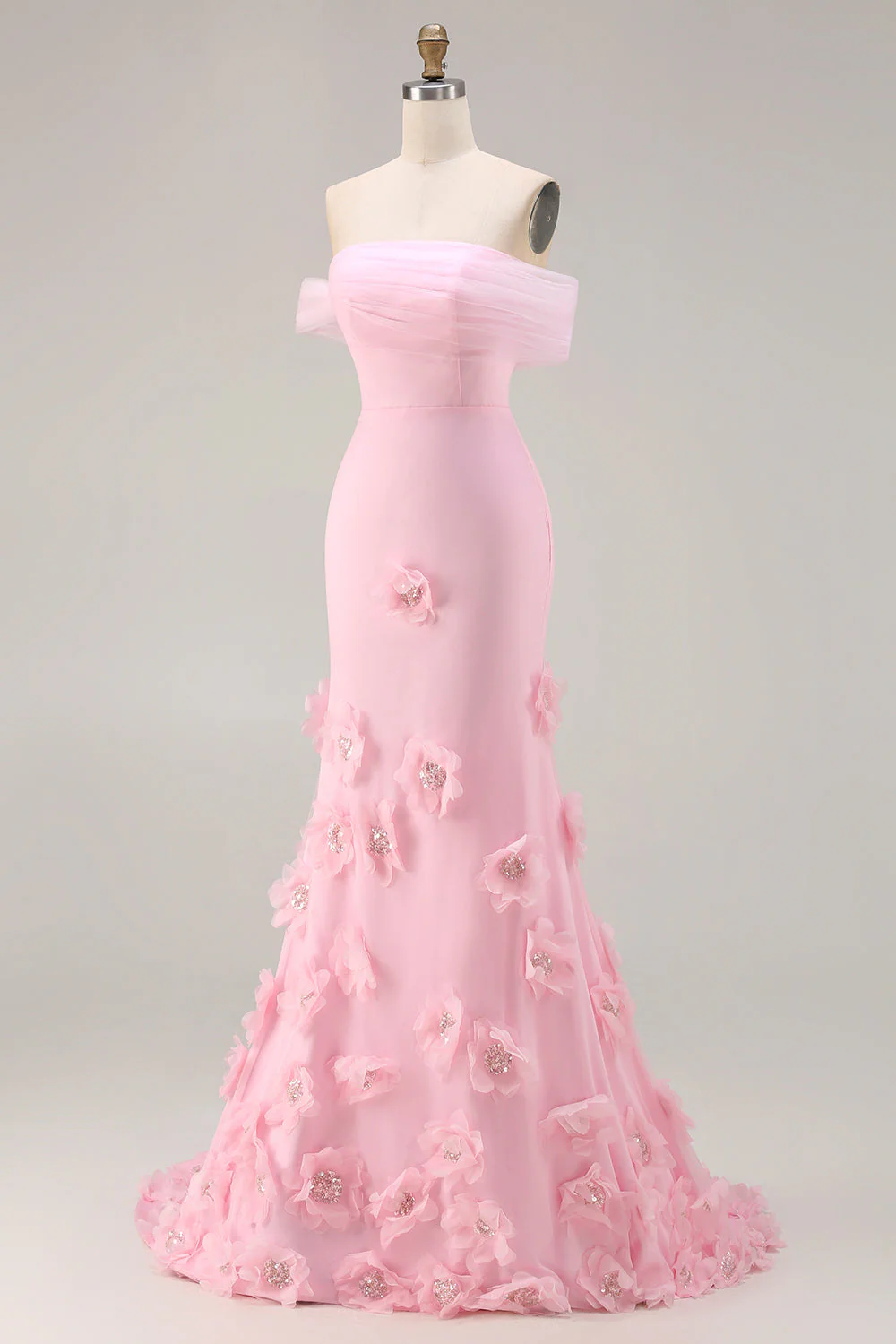Pink 3D Flowers Off the Shoulder Mermaid Long Prom Dress - Image 5