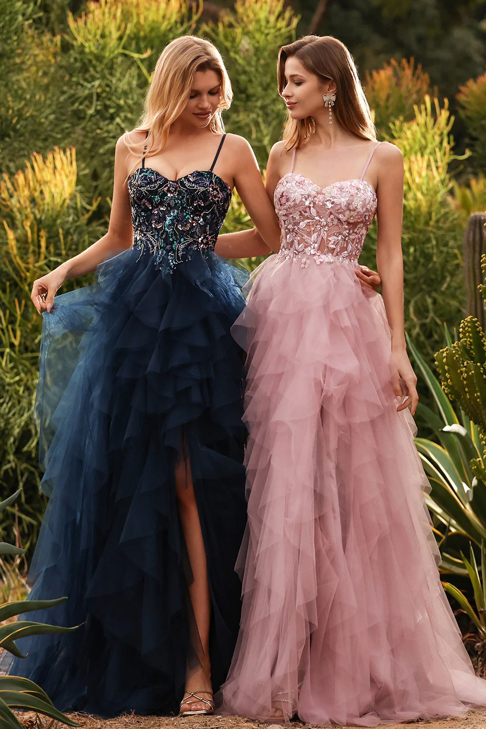 Pink A-Line Appliqued Tulle Spaghetti Straps Long Prom Dress with Ruffles - Image 10