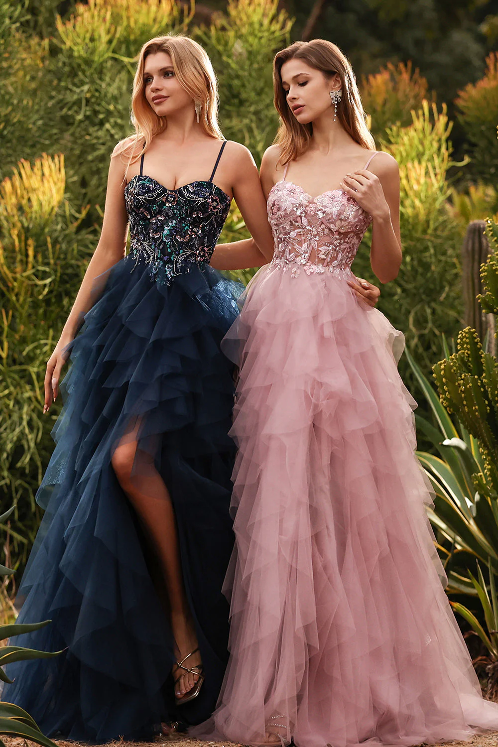 Pink A-Line Appliqued Tulle Spaghetti Straps Long Prom Dress with Ruffles - Image 3