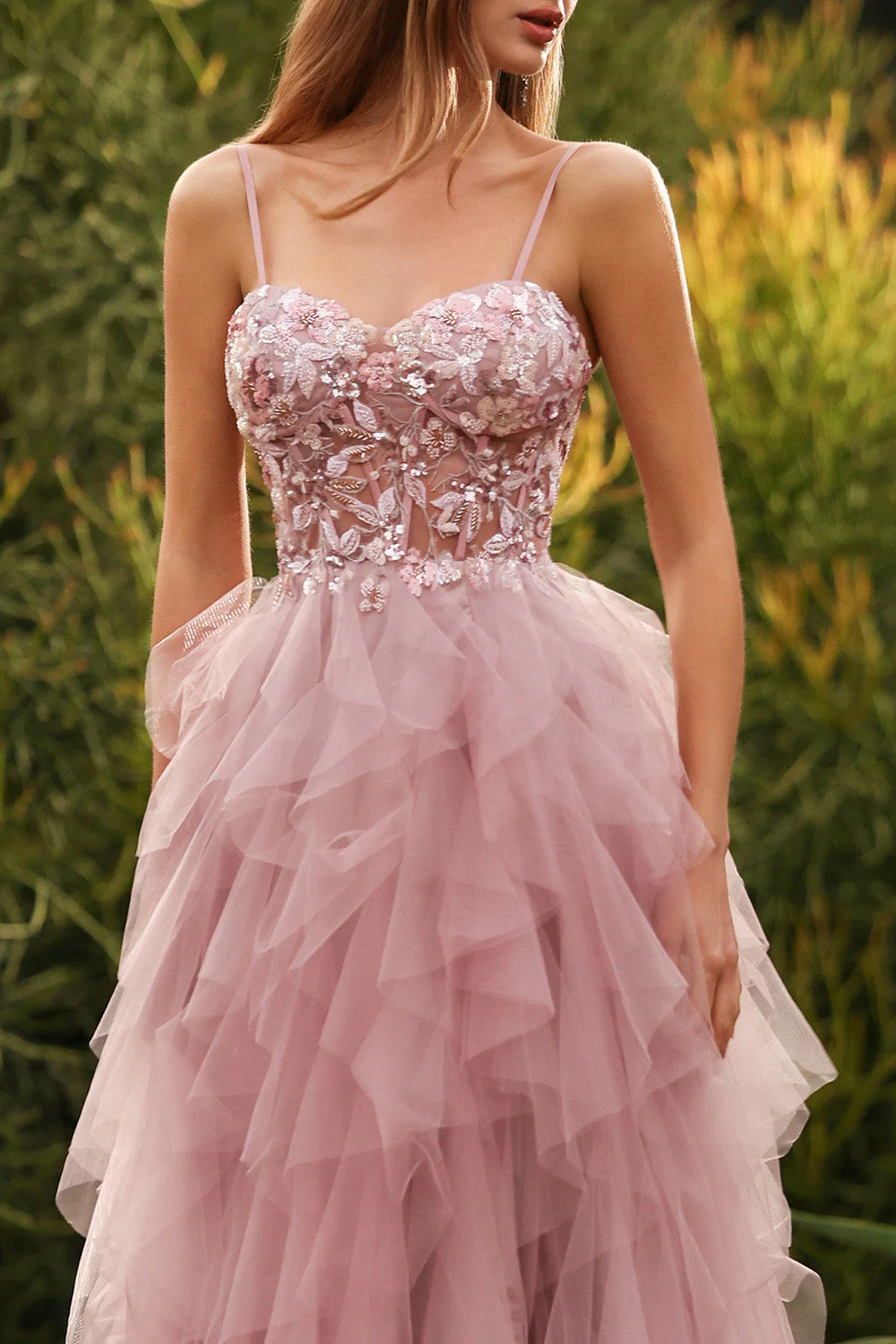 Pink A-Line Appliqued Tulle Spaghetti Straps Long Prom Dress with Ruffles - Image 4