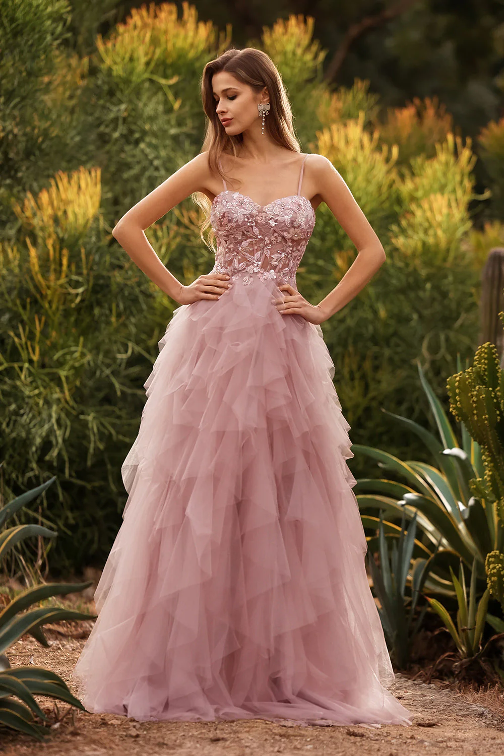 Pink A-Line Appliqued Tulle Spaghetti Straps Long Prom Dress with Ruffles - Image 6