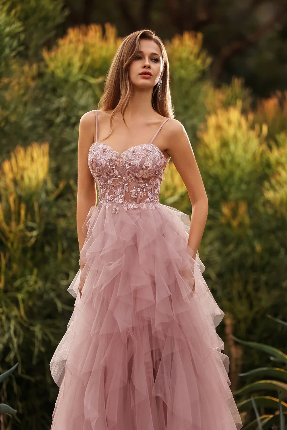 Pink A-Line Appliqued Tulle Spaghetti Straps Long Prom Dress with Ruffles - Image 7