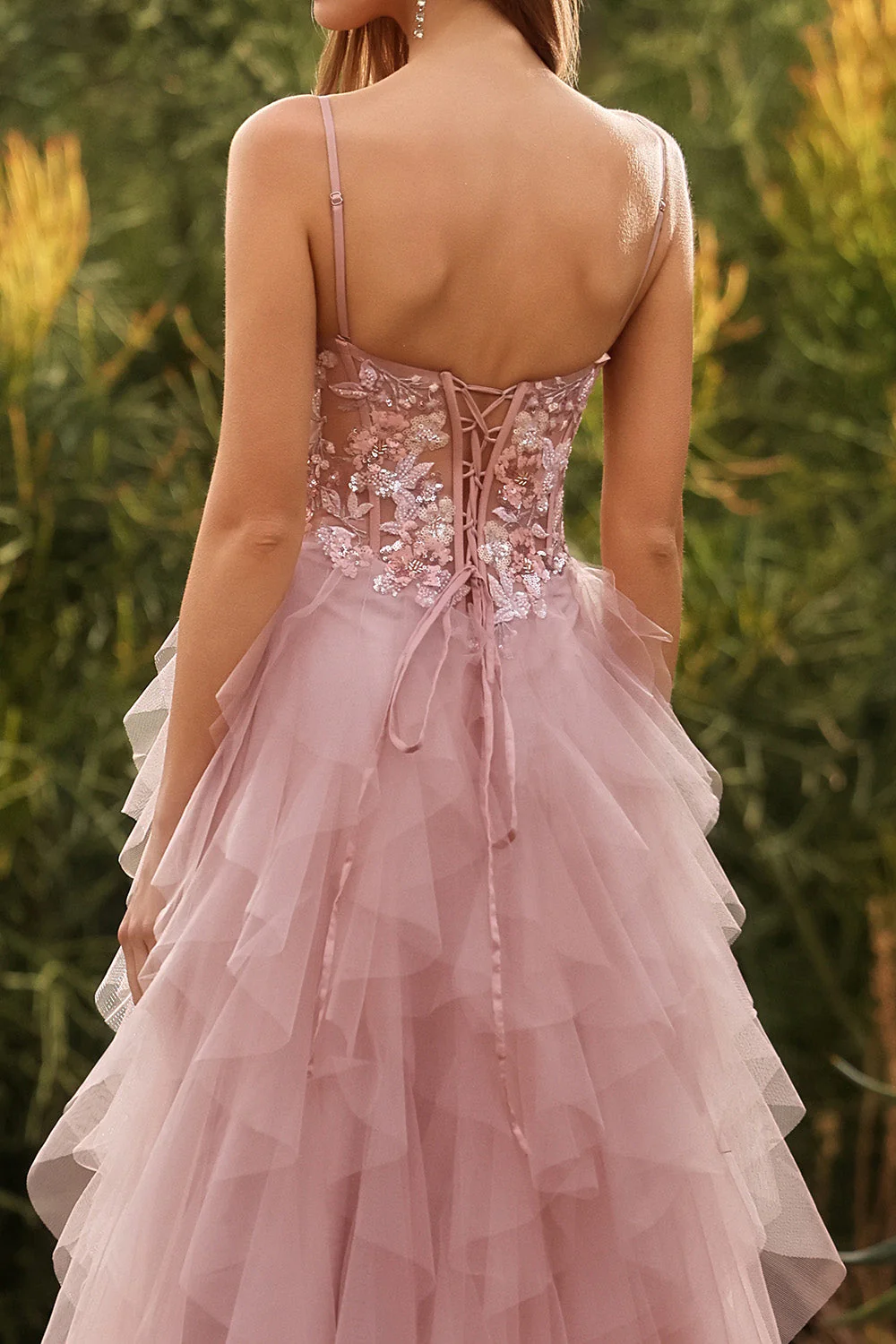 Pink A-Line Appliqued Tulle Spaghetti Straps Long Prom Dress with Ruffles - Image 8
