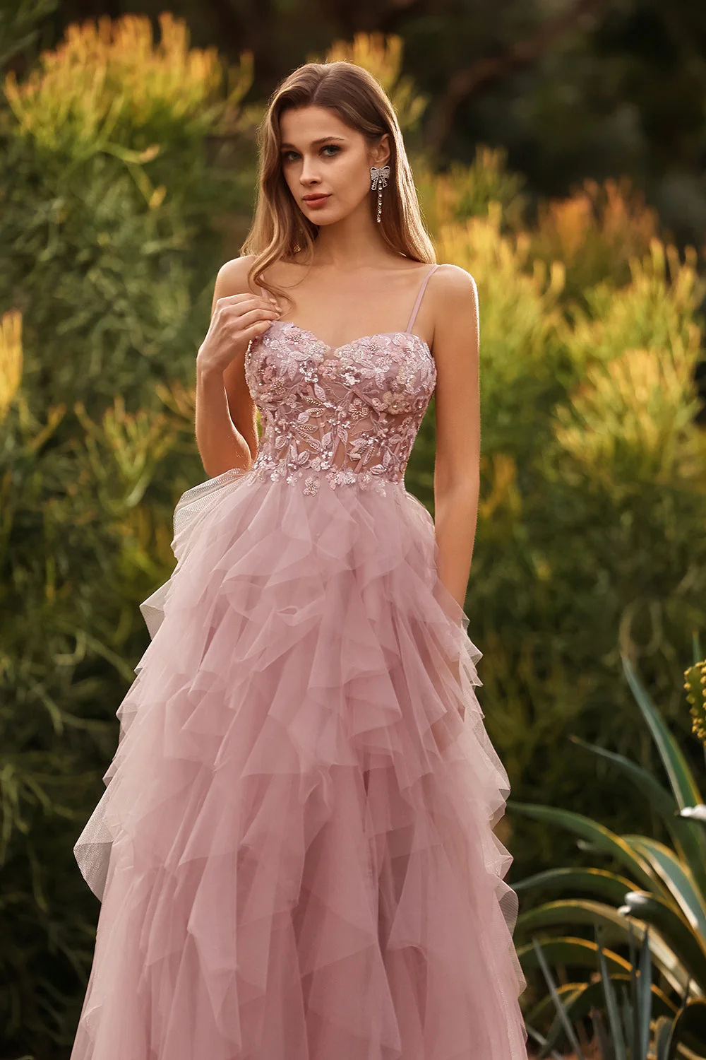Pink A-Line Appliqued Tulle Spaghetti Straps Long Prom Dress with Ruffles - Image 9
