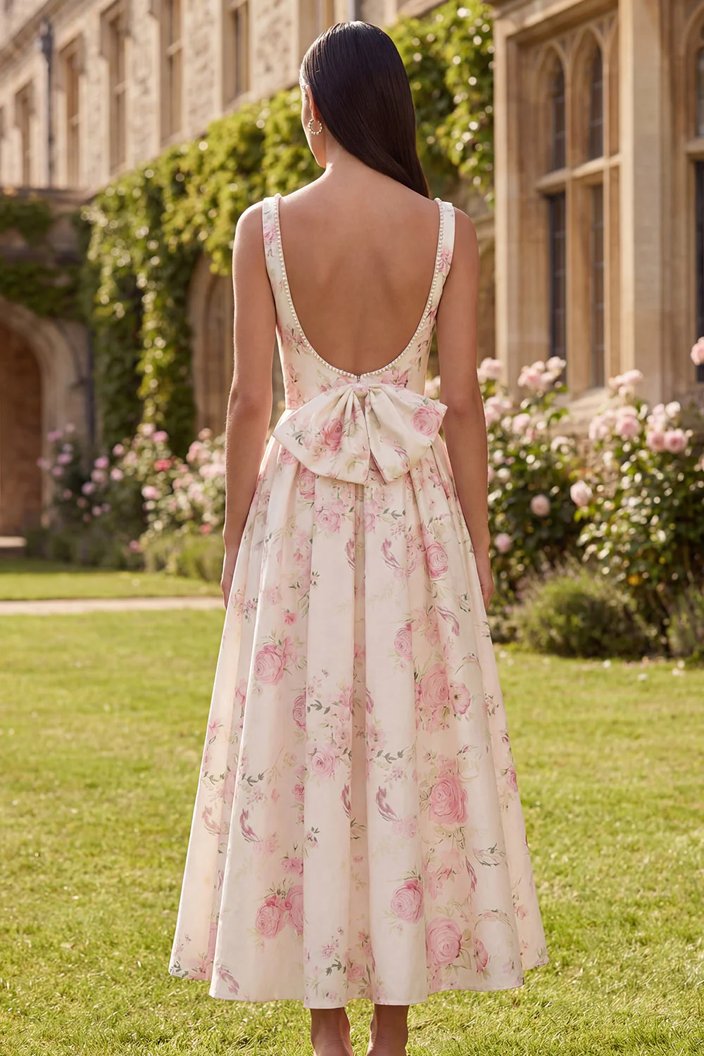 Pink A-Line Backless Floral Print Satin Midi Dress with Bowknot - Image 2