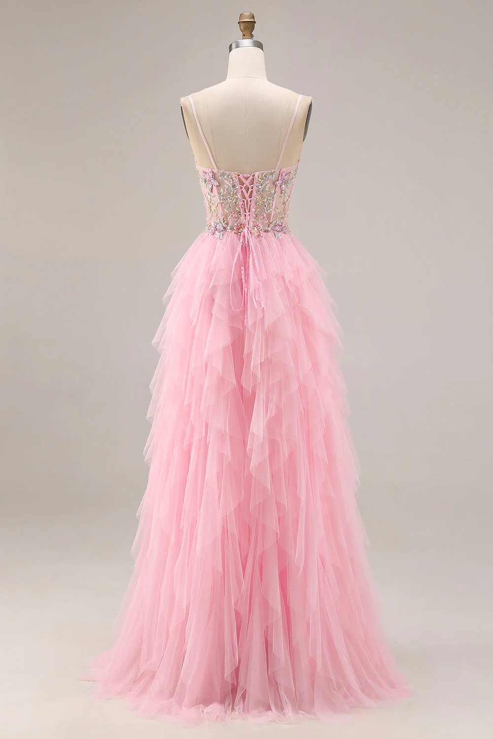 Pink A-Line Beaded Ruffled Corset Sequin Tulle Long Prom Dress with Slit - Image 2