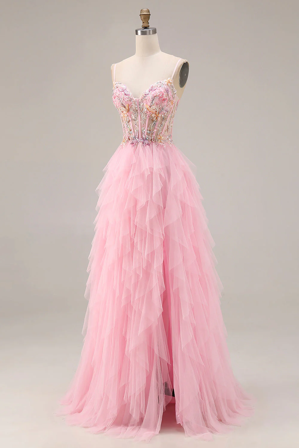 Pink A-Line Beaded Ruffled Corset Sequin Tulle Long Prom Dress with Slit - Image 3