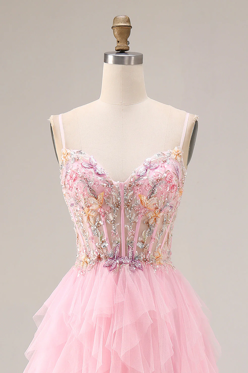 Pink A-Line Beaded Ruffled Corset Sequin Tulle Long Prom Dress with Slit - Image 4