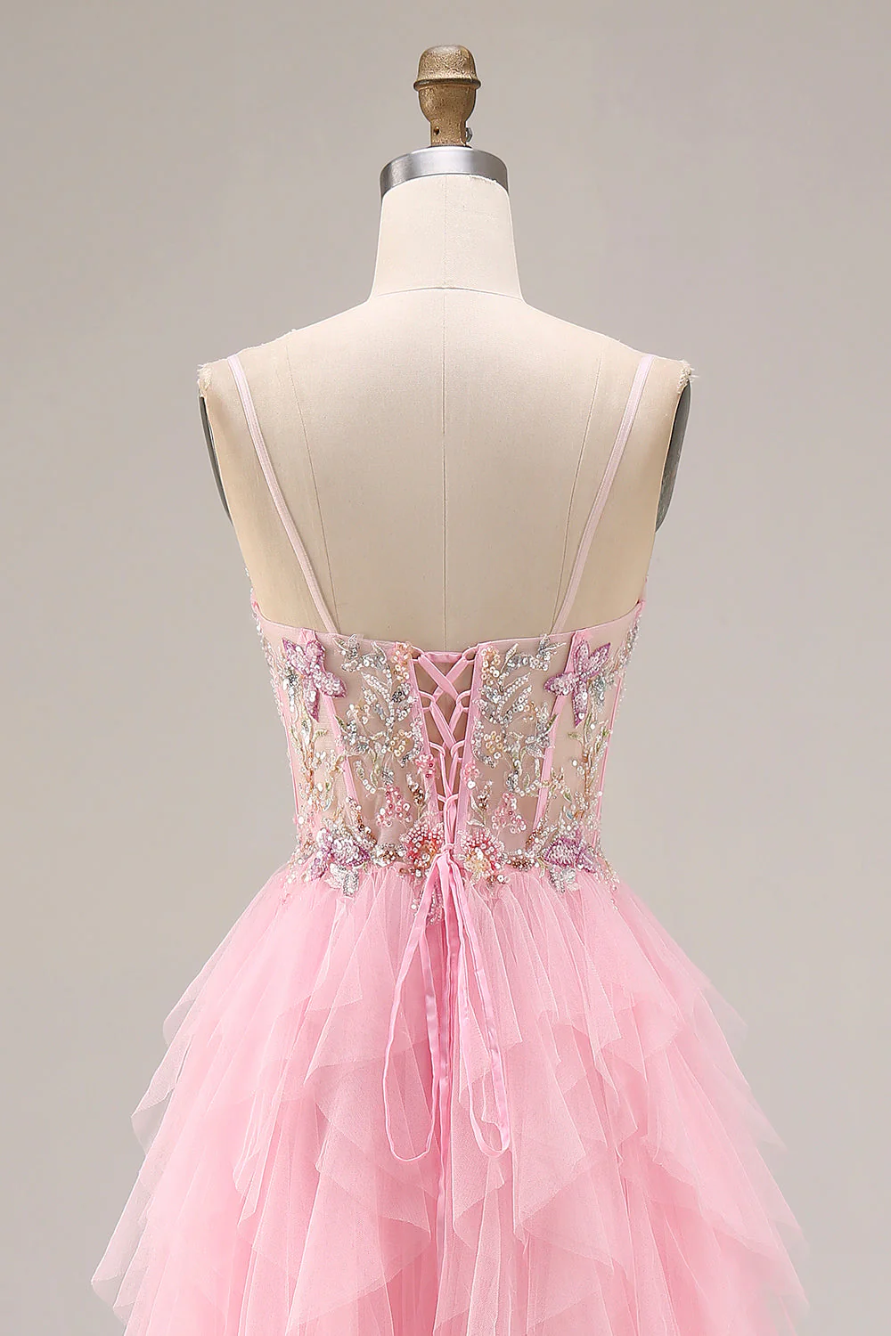 Pink A-Line Beaded Ruffled Corset Sequin Tulle Long Prom Dress with Slit - Image 5